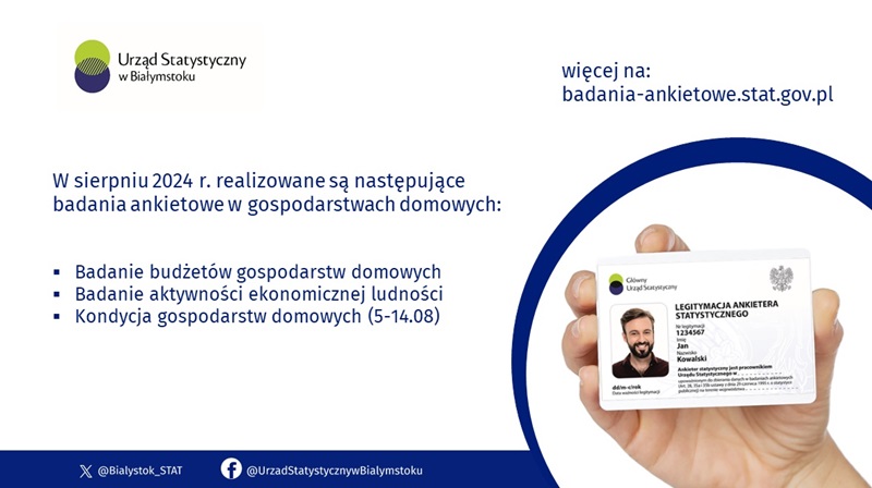 W sierpniu 2024 r. realizowane są następujące badania ankietowe w gospodarstwach domowych: - Badanie budżetów gospodarstw domowych - Badanie aktywności ekonomicznej ludności - Kondycja gospodarstw domowych (5-14.08) więcej na: badania-ankietowe.stat.gov.pl